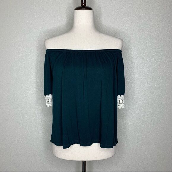 Rainbows & Cupcakes Tops - Rainbow & Cupcakes Green Crochet Trim Off Shoulder Top, Sz Small
